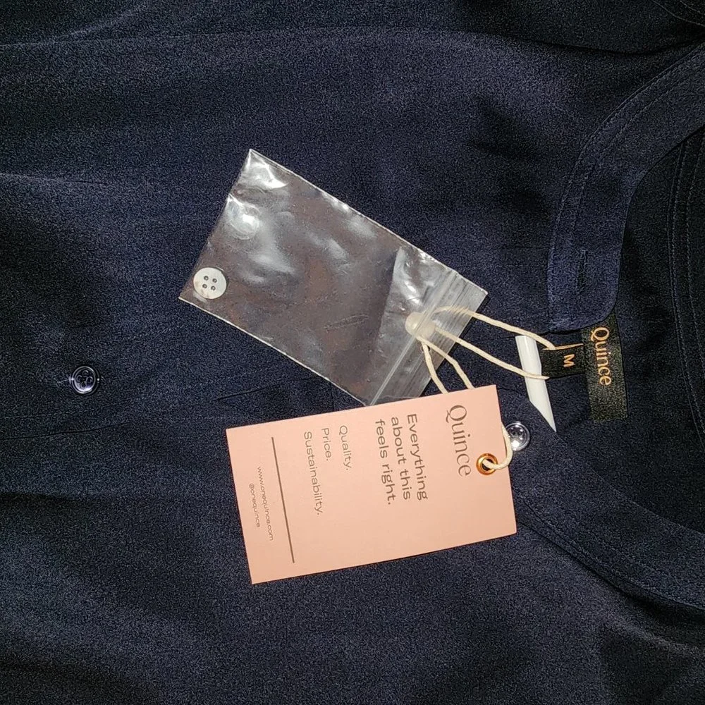 Quince Washable Stretch Silk Midi Shirt Dress NWT Navy Med - Picture 4 of 6